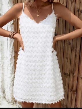 New Women's White Textured Fringe Slip Dress - Small